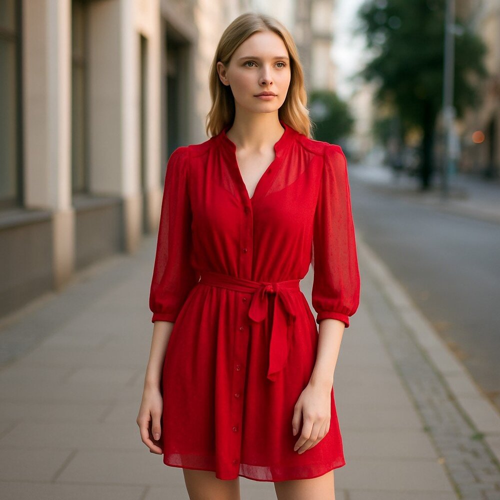 NWT NANETTE nanette lepore Belted Mini Shirtdress Swiss dot RED SZ-14 Textured